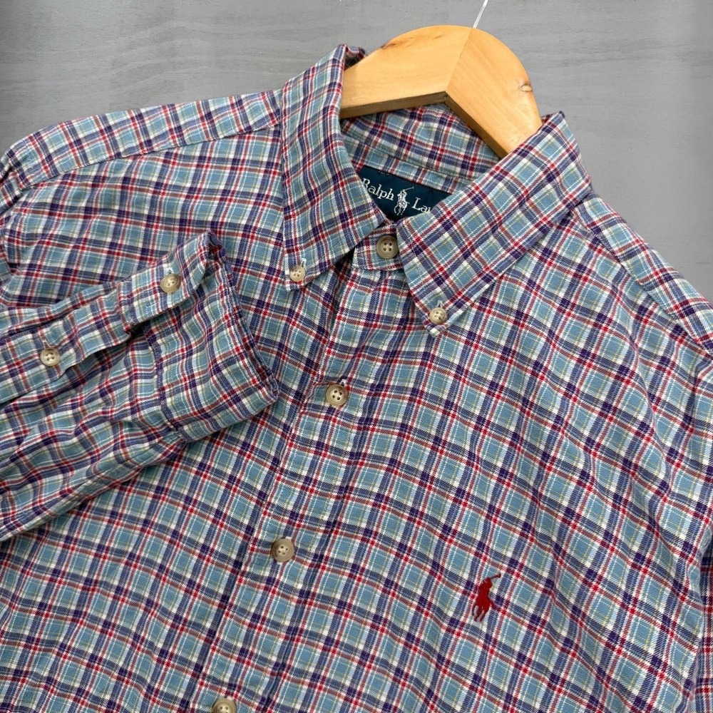 Polo Ralph Lauren Button Down Shirt Blue Red Plaid Classic Fit Large